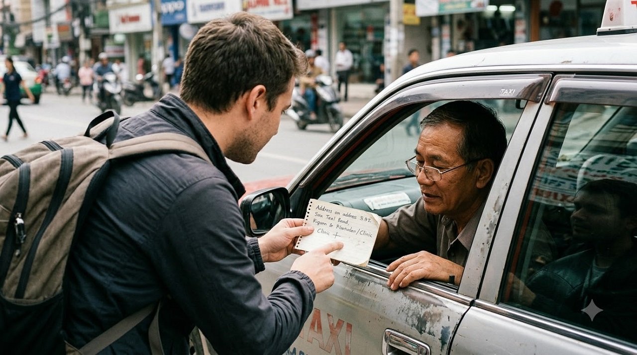 Traveler showing a written address card to communicate during a travel emergency