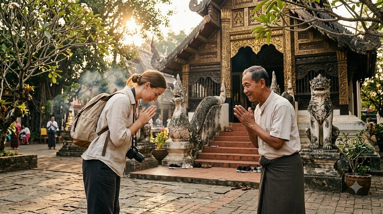 Traveler showing cultural respect through a local greeting while abroad