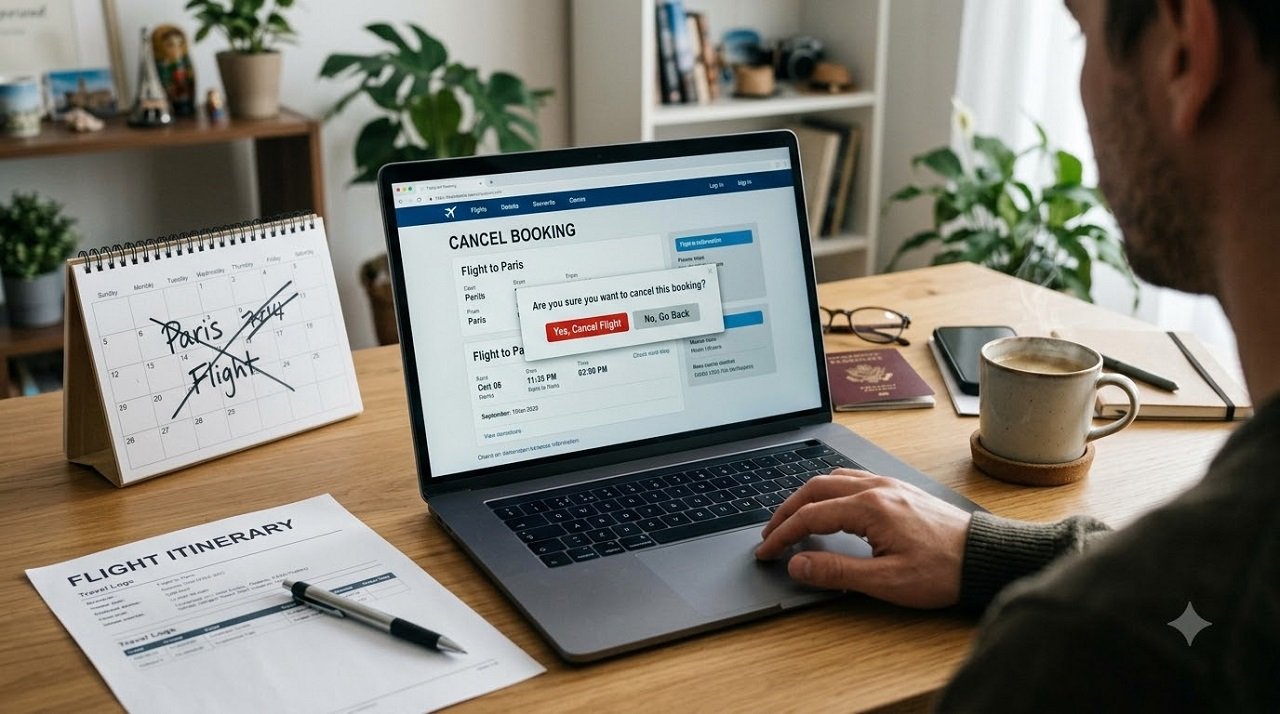 Traveler cancelling a trip online using cancel for any reason travel insurance coverage