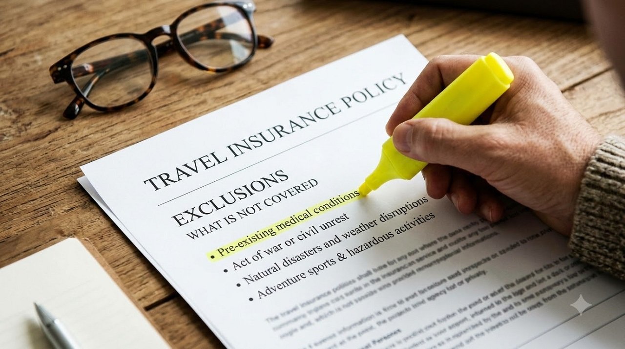 Traveler highlighting the exclusions section of a travel insurance policy
