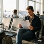 raveler reviewing a travel insurance policy document at an airport before a trip