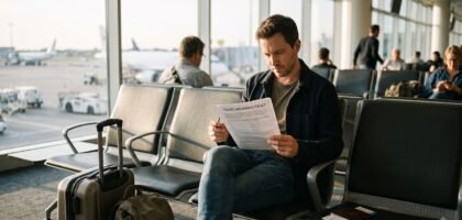 raveler reviewing a travel insurance policy document at an airport before a trip