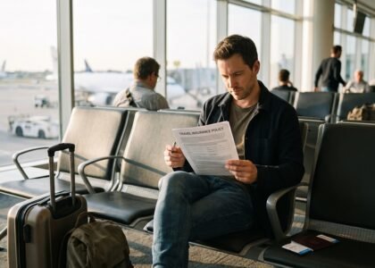 raveler reviewing a travel insurance policy document at an airport before a trip
