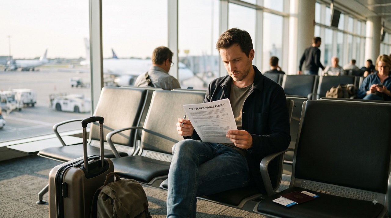 traveler reviewing a travel insurance policy document at an airport before a trip