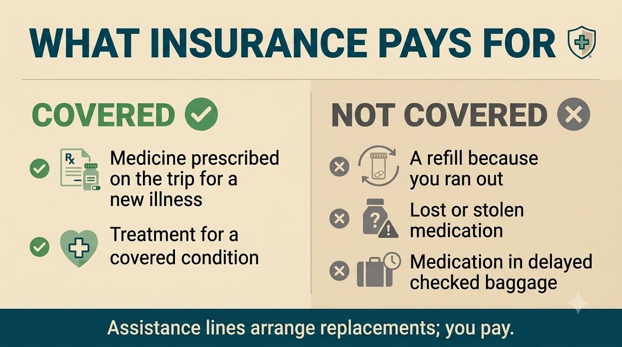 Infographic showing what travel insurance covers and excludes for prescription medication abroad