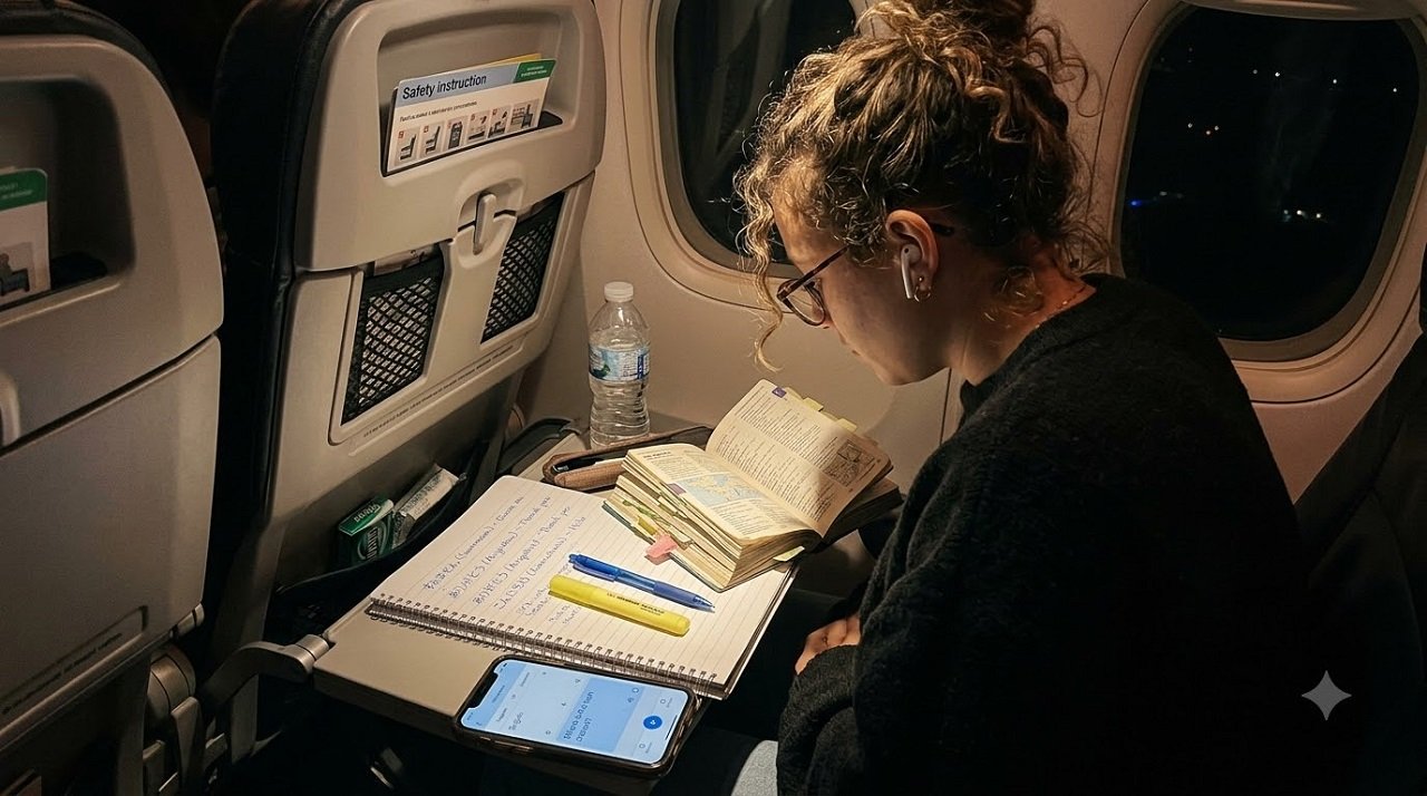 Traveler studying language phrases and using a translation app before a trip