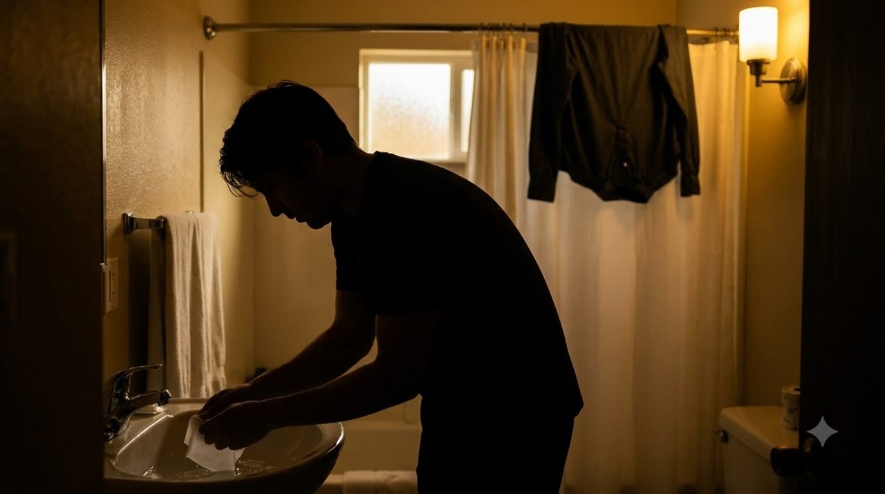 Silhouette of a traveler hand-washing clothes in a hotel sink with a laundry sheet