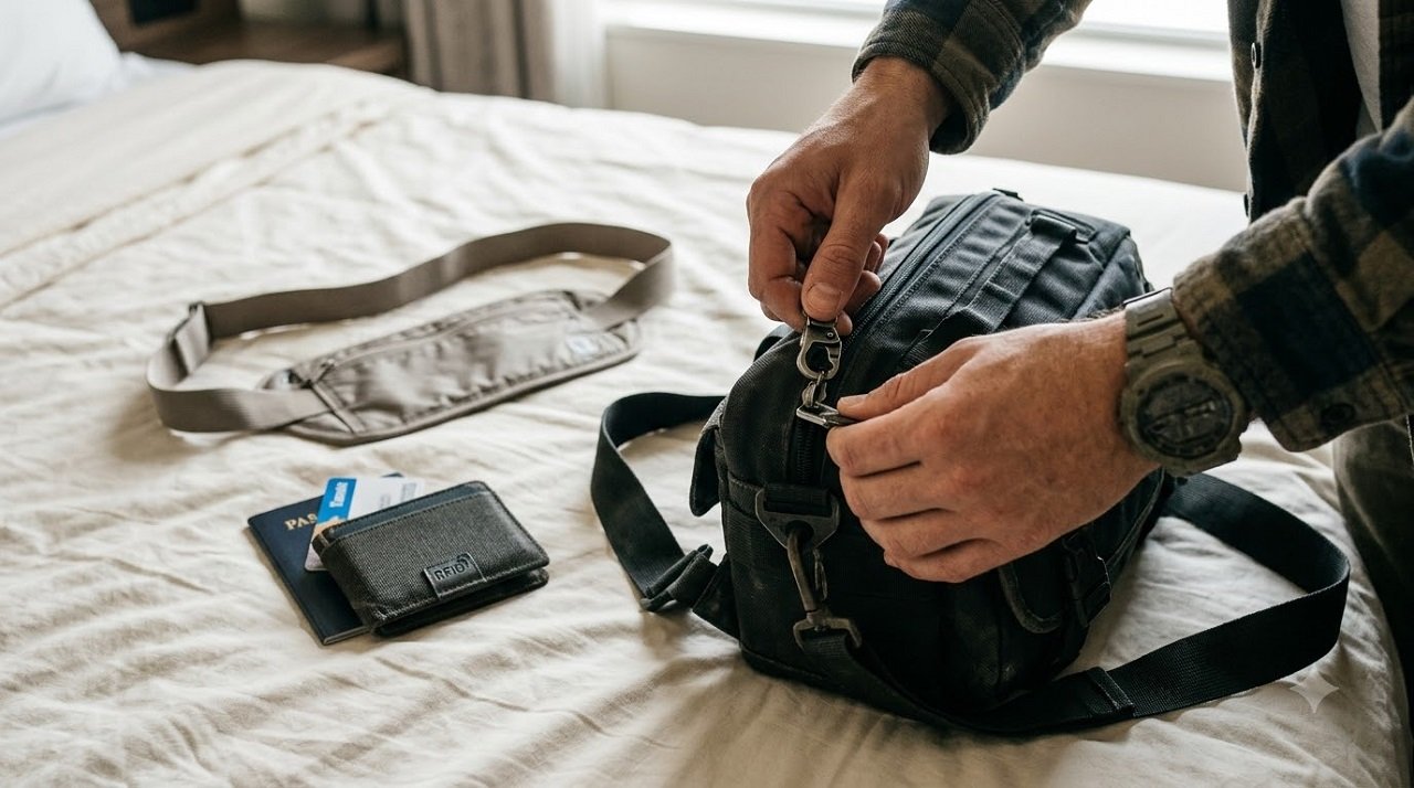 Traveler securing valuables in a zipped bag as a travel scam prevention measure