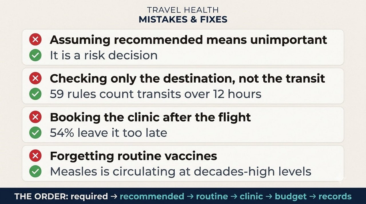 Infographic listing four common travel vaccination mistakes and the corrections, including checking transit countries