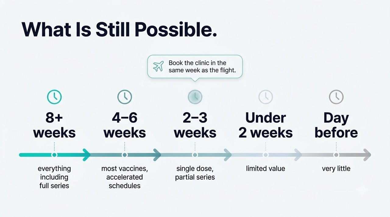 Timeline infographic showing what travel vaccinations remain possible at eight weeks, six weeks, three weeks, and under two weeks before departure