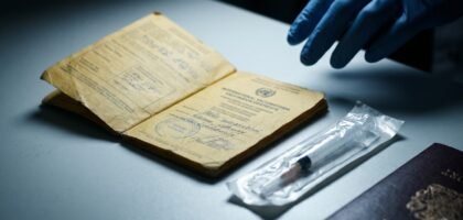 Yellow fever vaccination certificate, sealed syringe, and passport on a clinic counter before travel