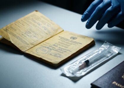 Yellow fever vaccination certificate, sealed syringe, and passport on a clinic counter before travel