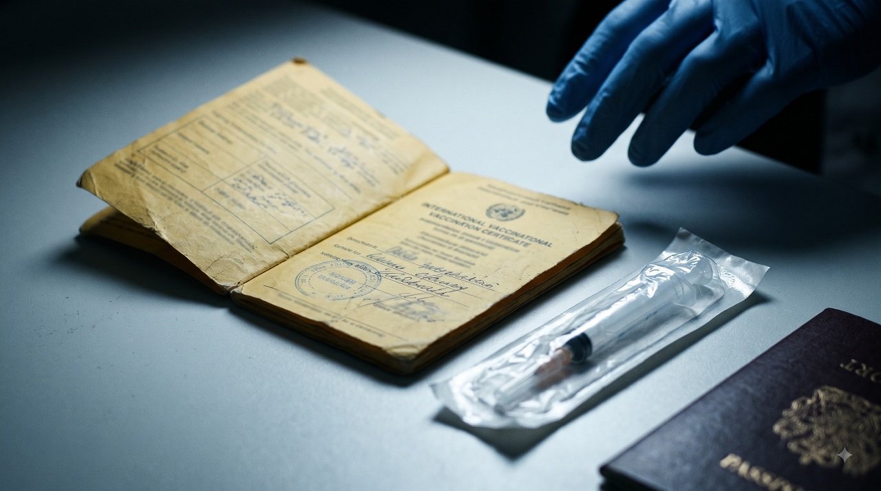 Yellow fever vaccination certificate, sealed syringe, and passport on a clinic counter before travel