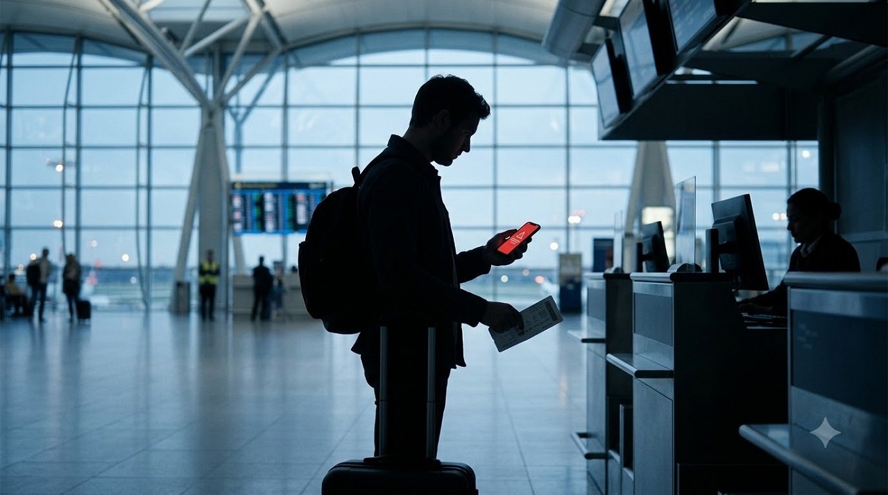 Silhouette of a traveler at an airport seeing a changed travel advisory on their phone before departure