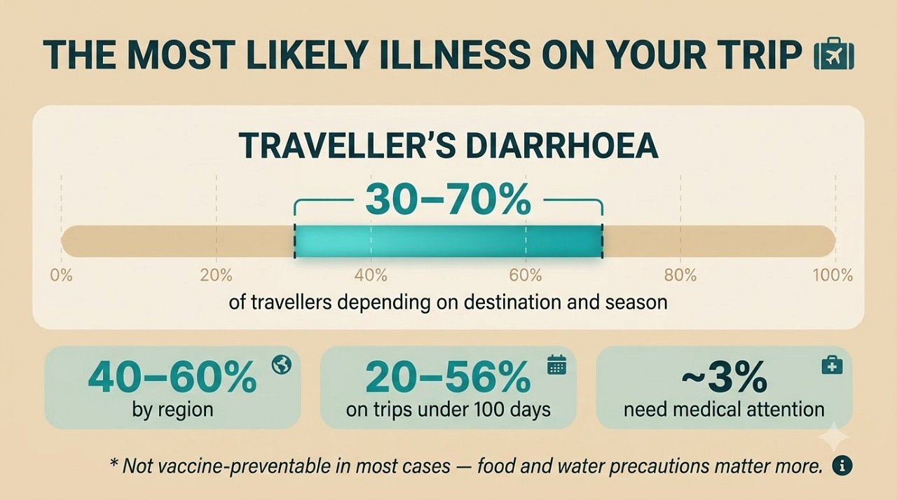 Infographic showing that traveller's diarrhoea affects 30 to 70 percent of travellers and is not vaccine-preventable