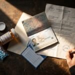 Passport, doctor's letter, labelled prescription bottle, and customs declaration card laid out before a flight
