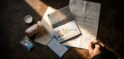 Passport, doctor's letter, labelled prescription bottle, and customs declaration card laid out before a flight