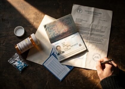 Passport, doctor's letter, labelled prescription bottle, and customs declaration card laid out before a flight