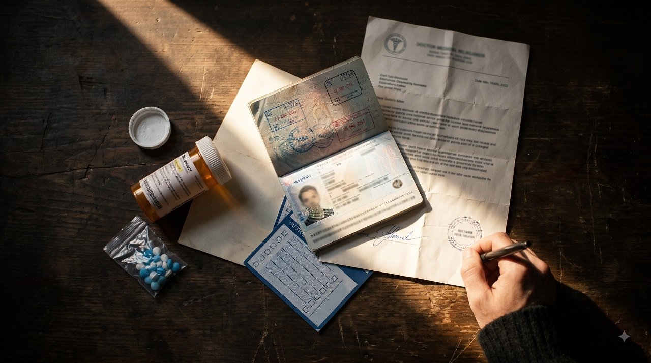 Passport, doctor's letter, labelled prescription bottle, and customs declaration card laid out before a flight