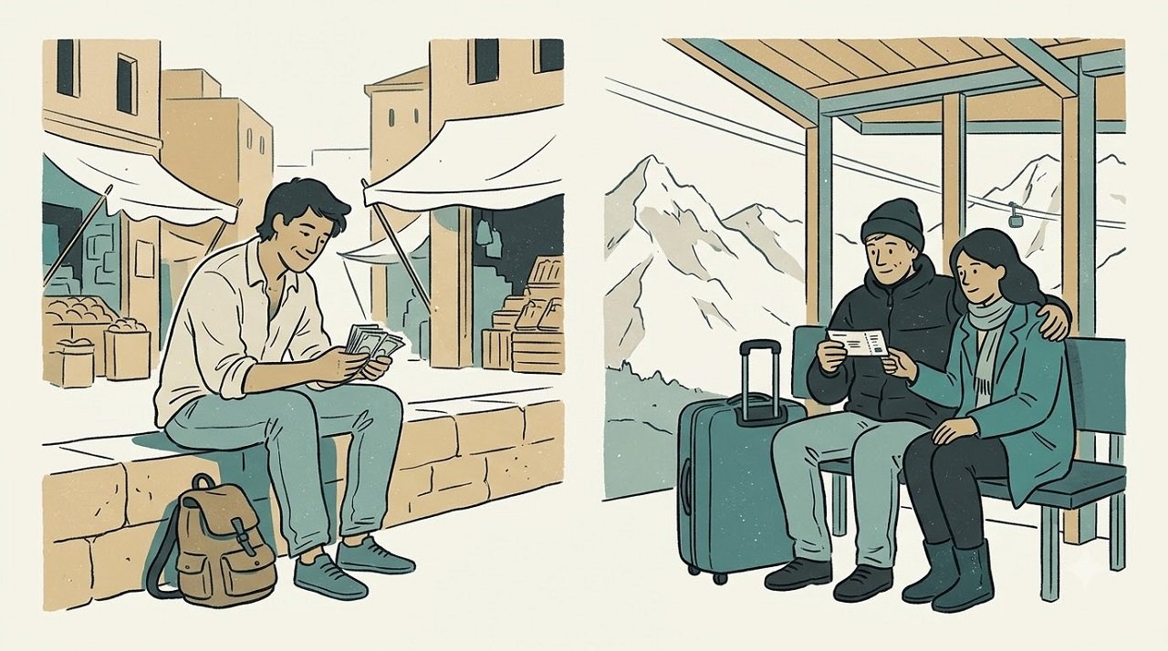 Editorial illustration of a solo budget traveller and a couple on a mid-range trip, both using the same budgeting method