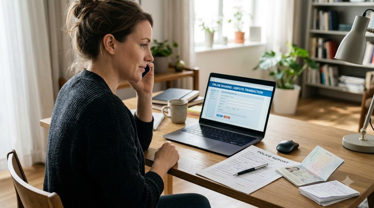 Traveler contacting their bank after being scammed abroad, with documents and laptop